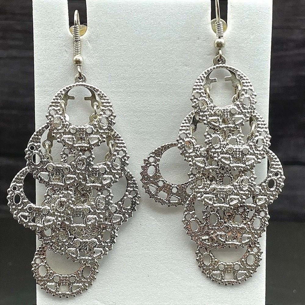 Vintage Silver-Tone Filigree Cascade Dangle Drop Earrings Statement Boho Y2K